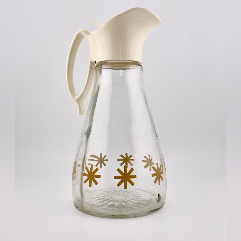 Vintage, Log Cabin Syrup Dispenser Clear Glass Gold with Atomic Starburst